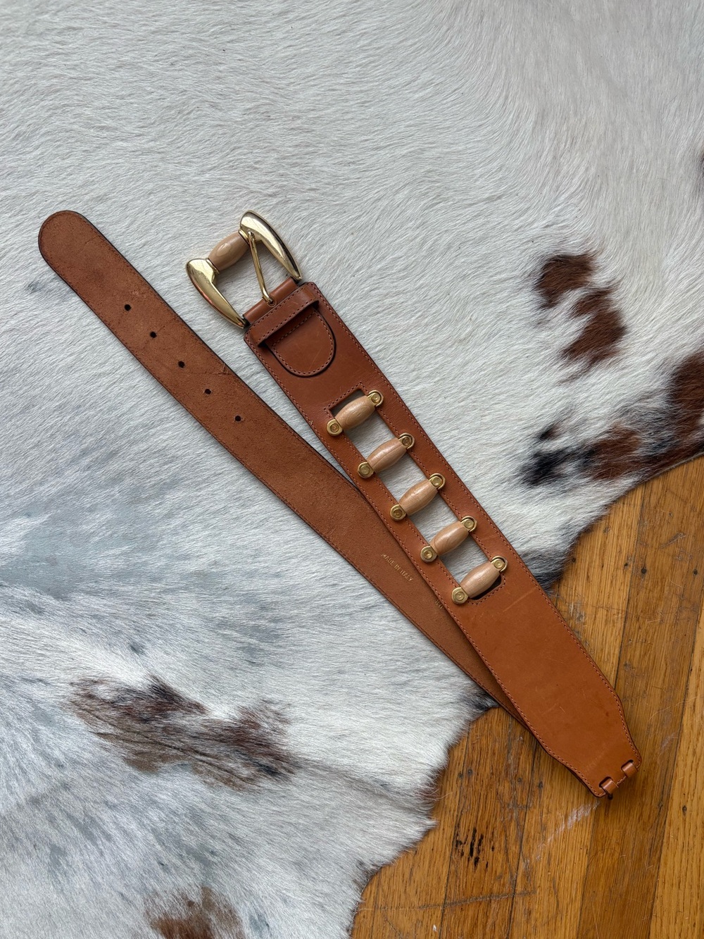 Unique Tan Leather and Wood Waist Belt with Gold Hardware